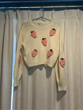 Love Tree Cream Crewneck Sweater with Pink Strawberry Appliqués